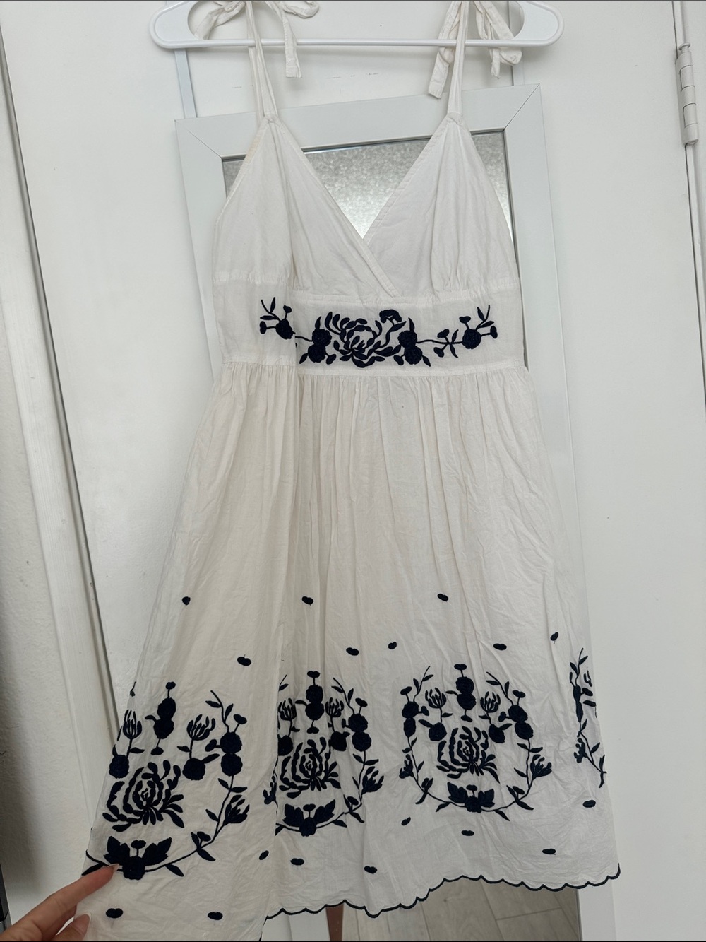 Minuet Petite White Midi Dress with Navy Floral Embroidery